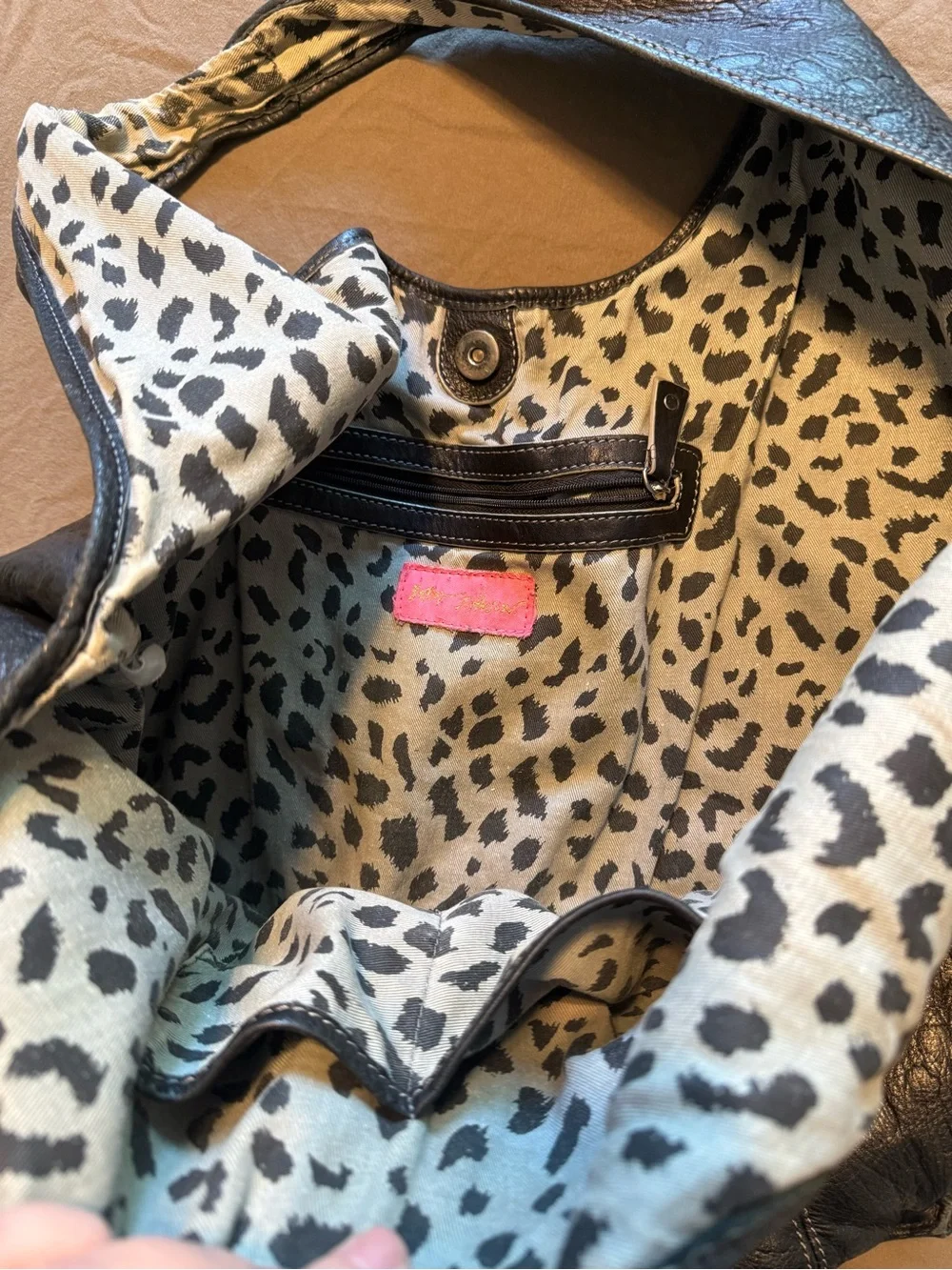 Vintage Betsey Johnson Black Hobo Bag with Leopard-Print Lining